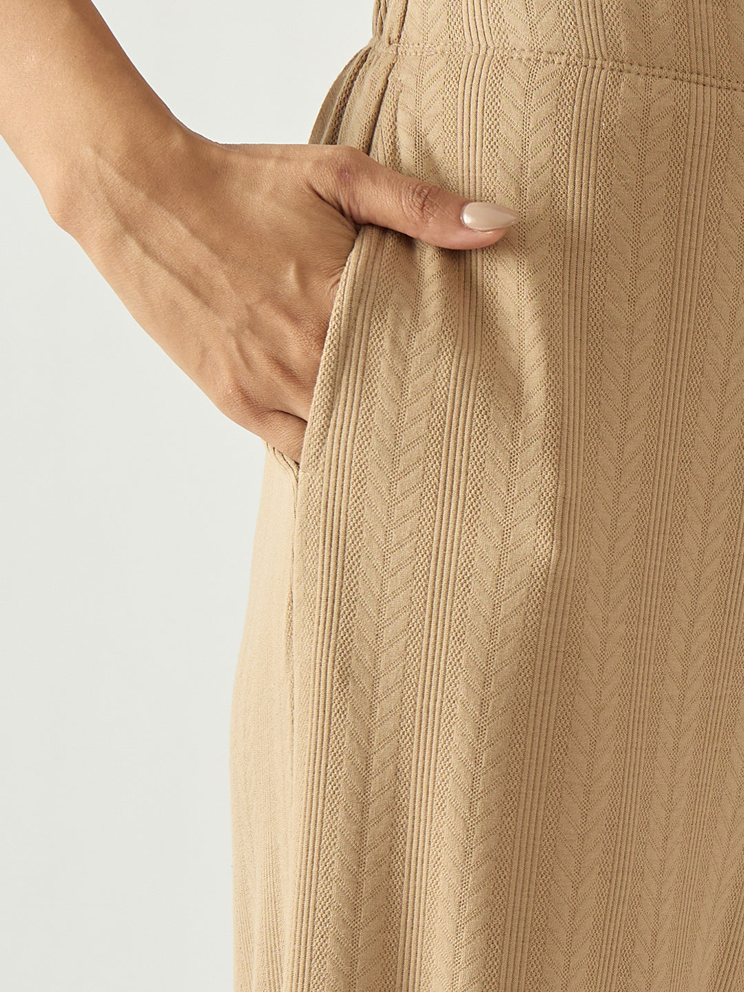 Beige Round Neck Textured Jersey Co-Ord Set