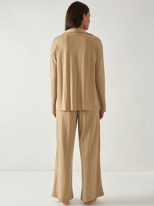 Beige Button Down Textured Jersey Co-Ord Set