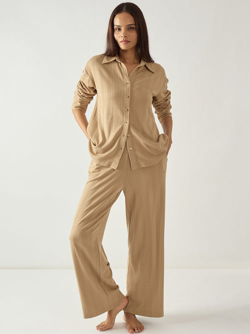 Beige Button Down Textured Jersey Co-Ord Set