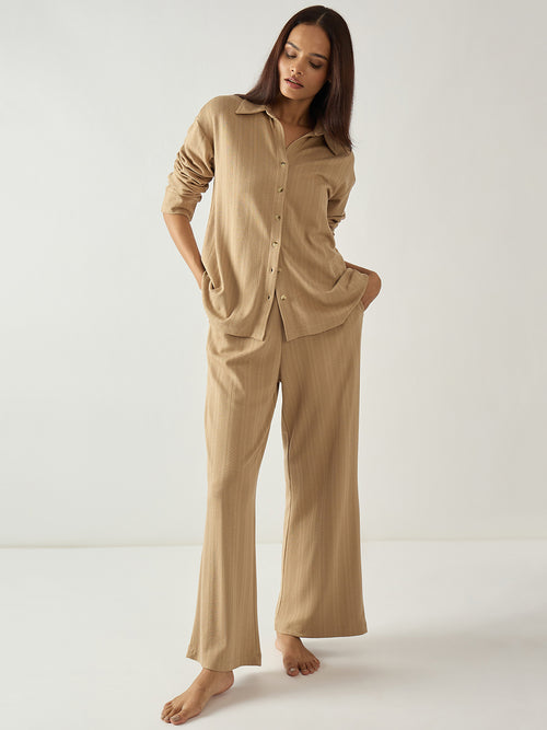 Beige Button Down Textured Jersey Co-Ord Set