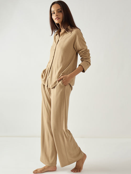Beige Button Down Textured Jersey Co-Ord Set