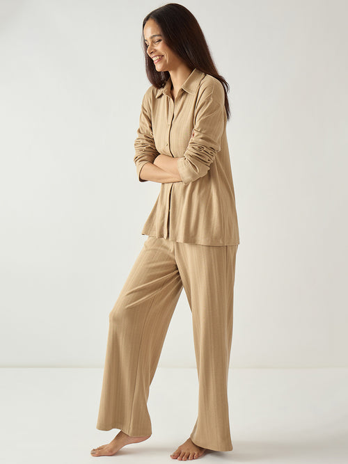 Beige Button Down Textured Jersey Co-Ord Set