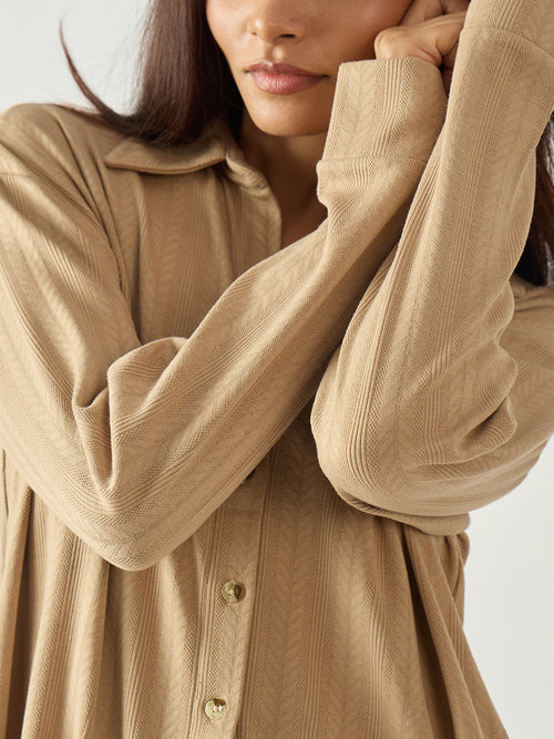 Beige Button Down Textured Jersey Co-Ord Set