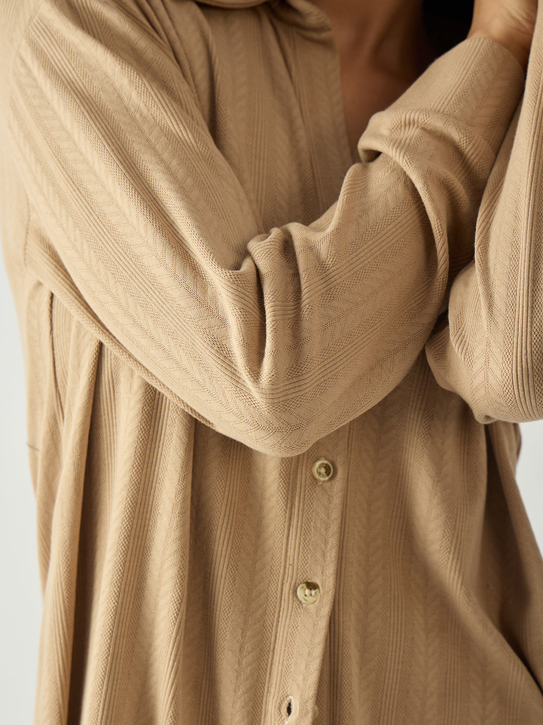Beige Button Down Textured Jersey Co-Ord Set