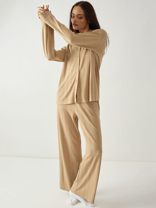 Beige Button Down Textured Jersey Co-Ord Set
