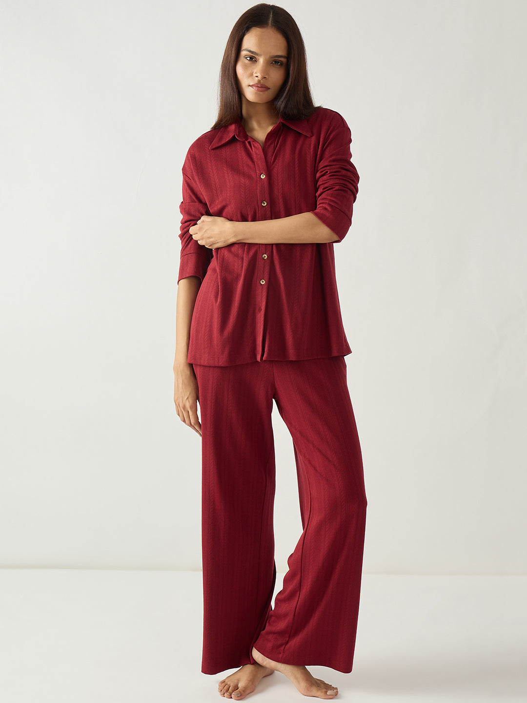 Red Button Down Textured Jersey Co-Ord Set