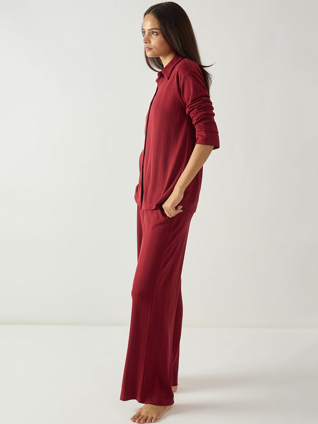 Red Button Down Textured Jersey Co-Ord Set