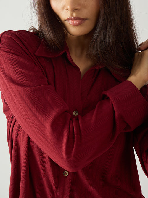 Red Button Down Textured Jersey Co-Ord Set