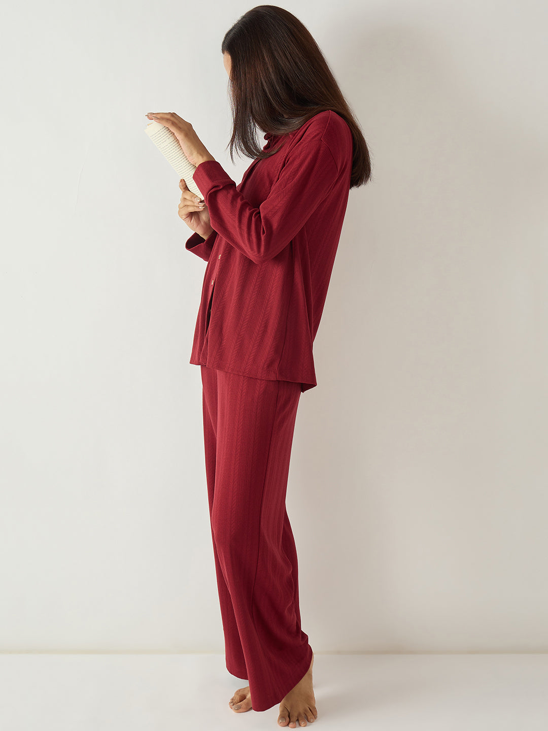 Red Button Down Textured Jersey Co-Ord Set