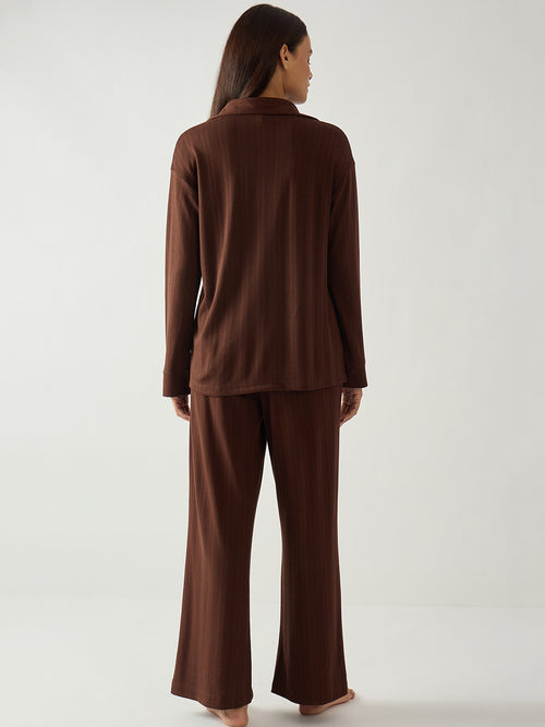 Brown Button Down Textured Jersey Co-Ord Set
