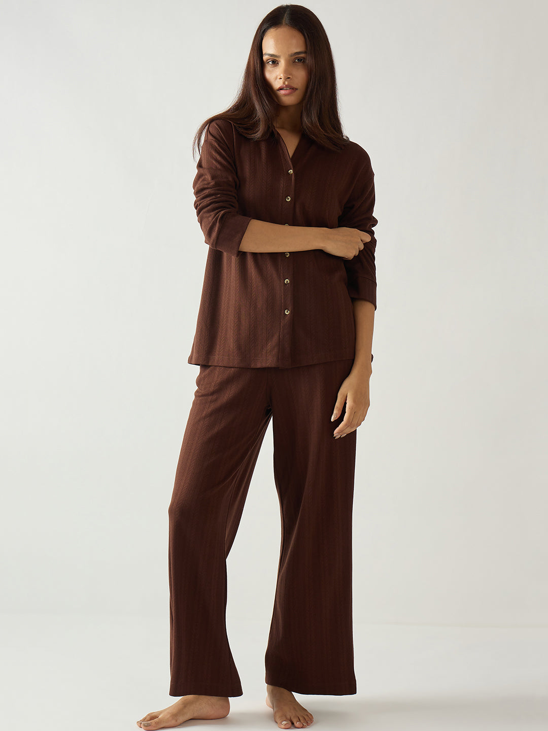 Brown Button Down Textured Jersey Co-Ord Set