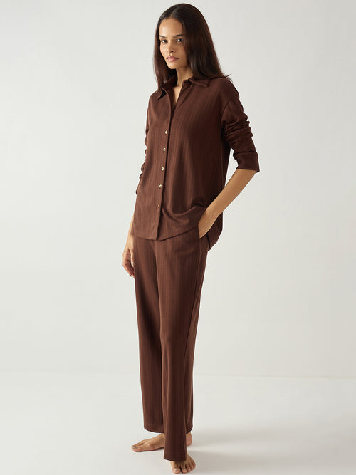 Brown Button Down Textured Jersey Co-Ord Set