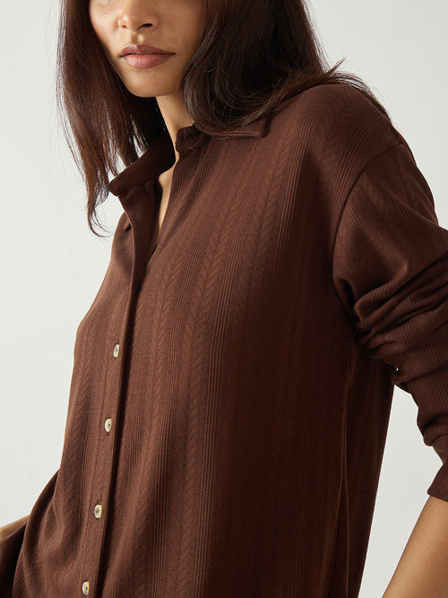 Brown Button Down Textured Jersey Co-Ord Set