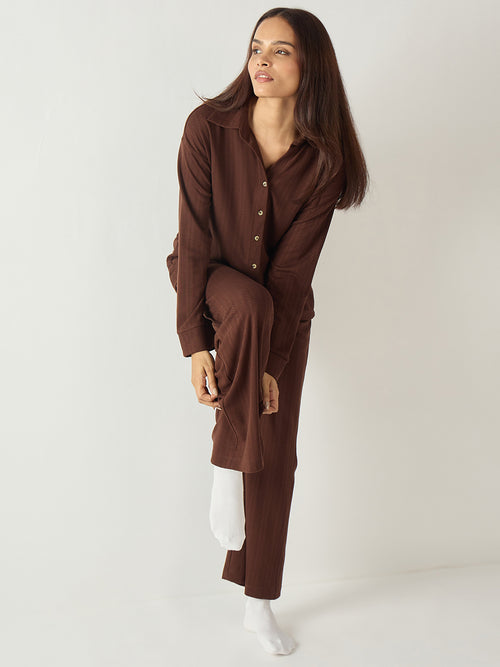 Brown Button Down Textured Jersey Co-Ord Set