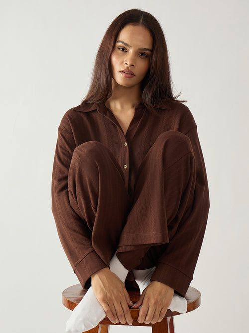 Brown Button Down Textured Jersey Co-Ord Set
