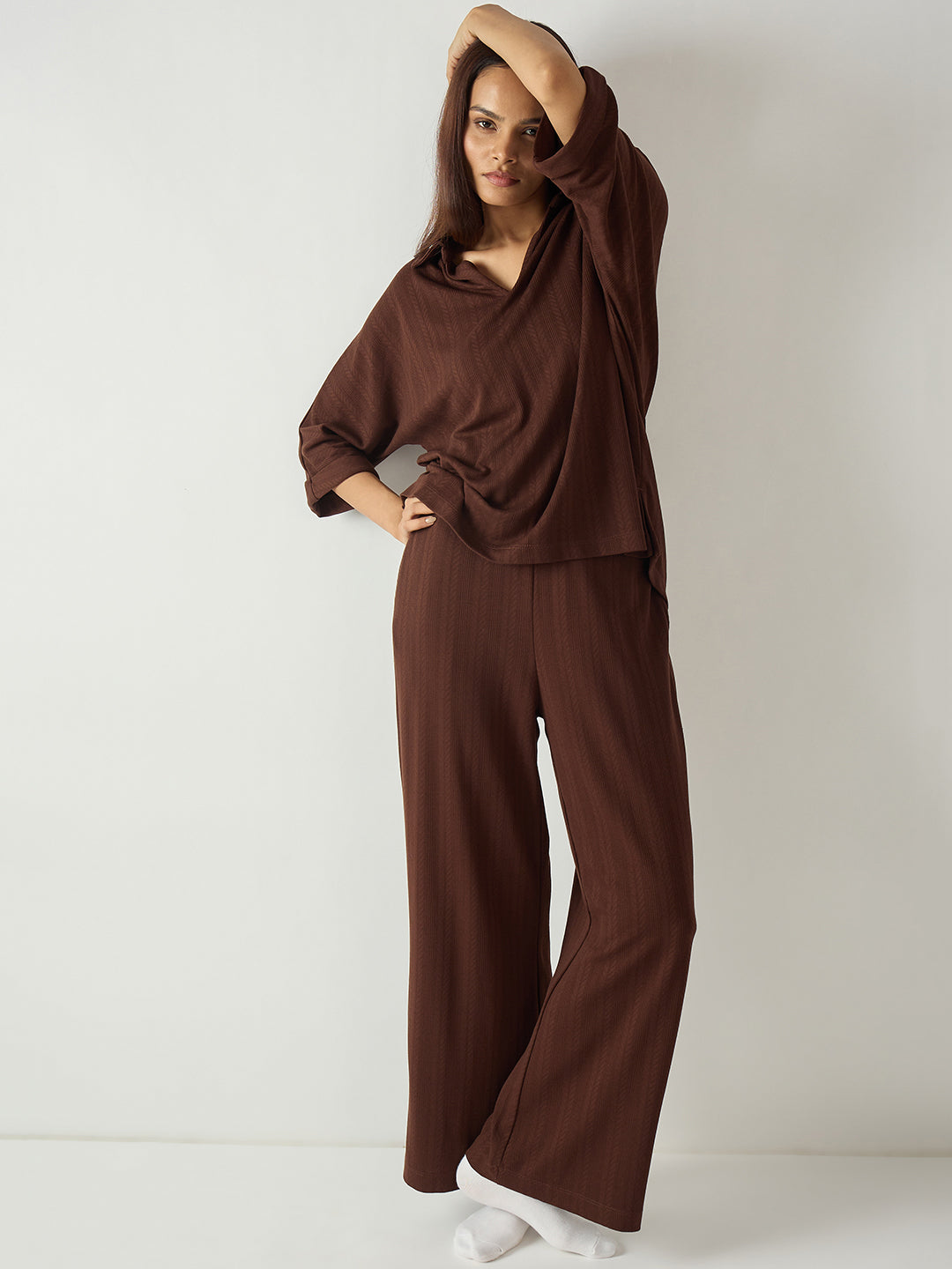 Brown Kimono Textured Jersey Co-Ord Set