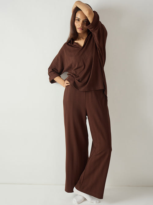 Brown Kimono Textured Jersey Co-Ord Set
