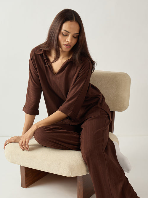 Brown Kimono Textured Jersey Co-Ord Set