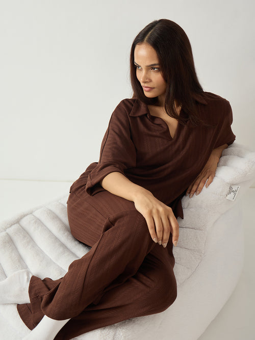 Brown Kimono Textured Jersey Co-Ord Set