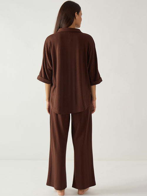 Brown Kimono Textured Jersey Co-Ord Set
