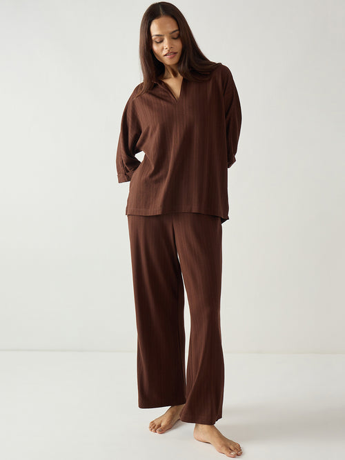 Brown Kimono Textured Jersey Co-Ord Set