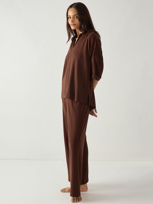 Brown Kimono Textured Jersey Co-Ord Set