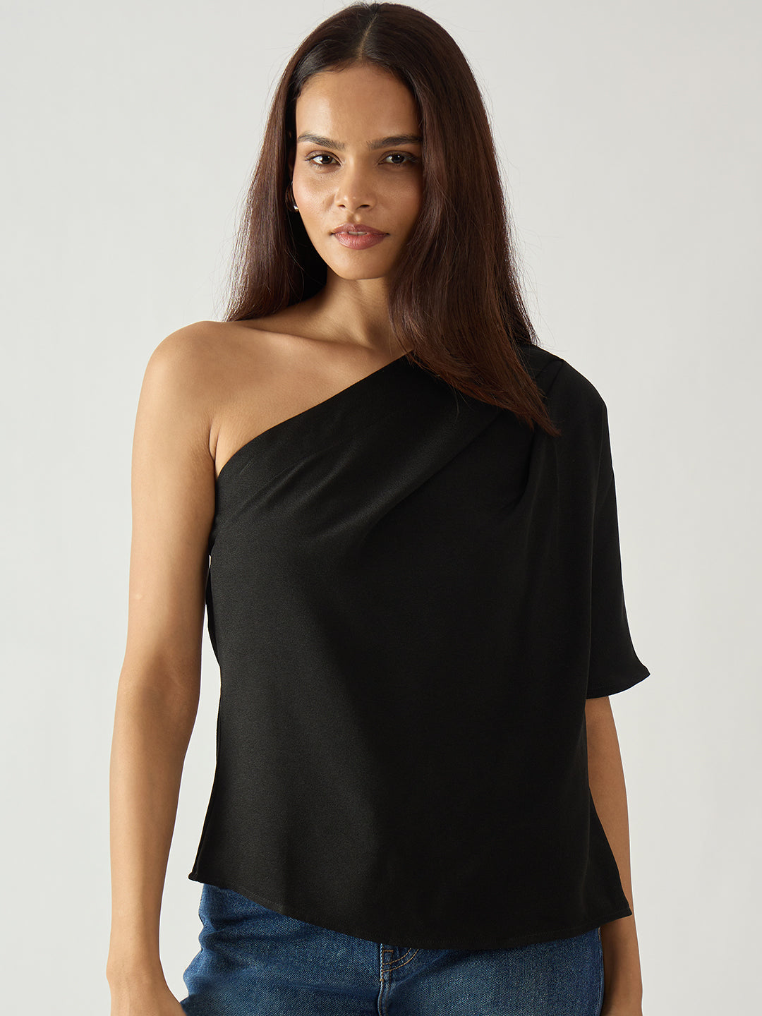Black Pleated One Shoulder Top
