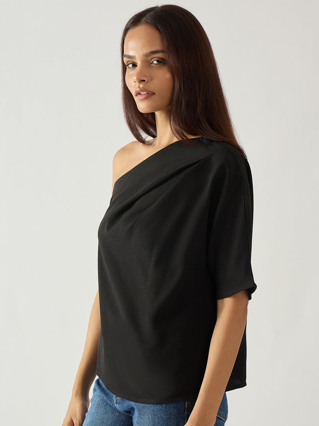Black Pleated One Shoulder Top