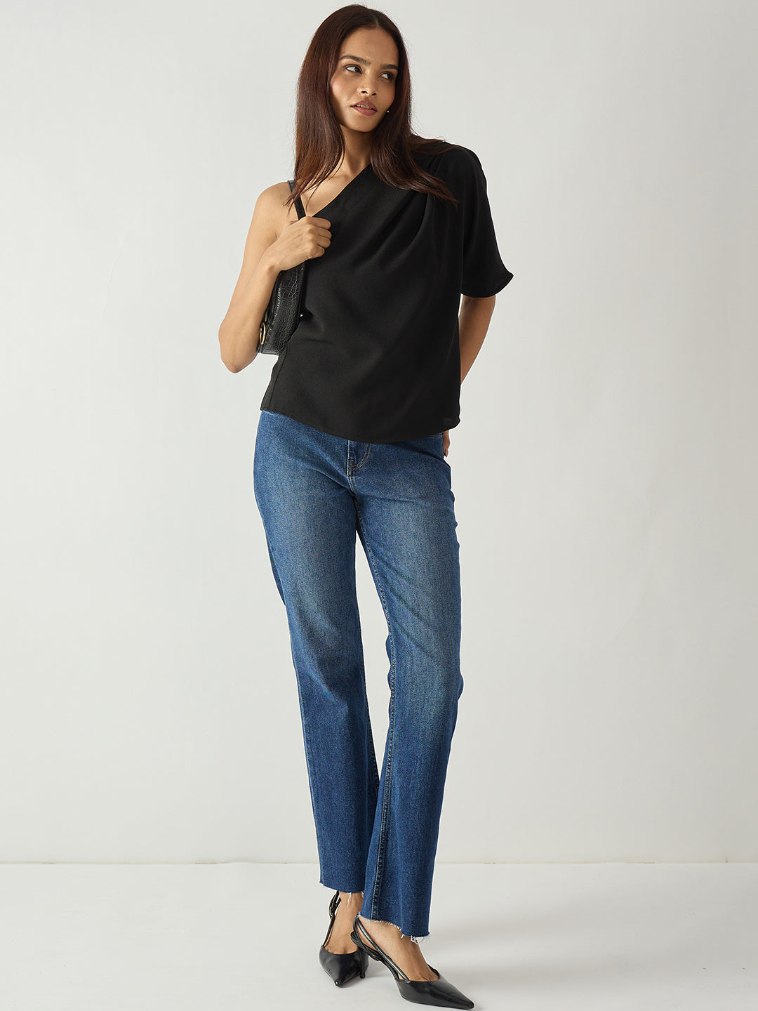 Black Pleated One Shoulder Top