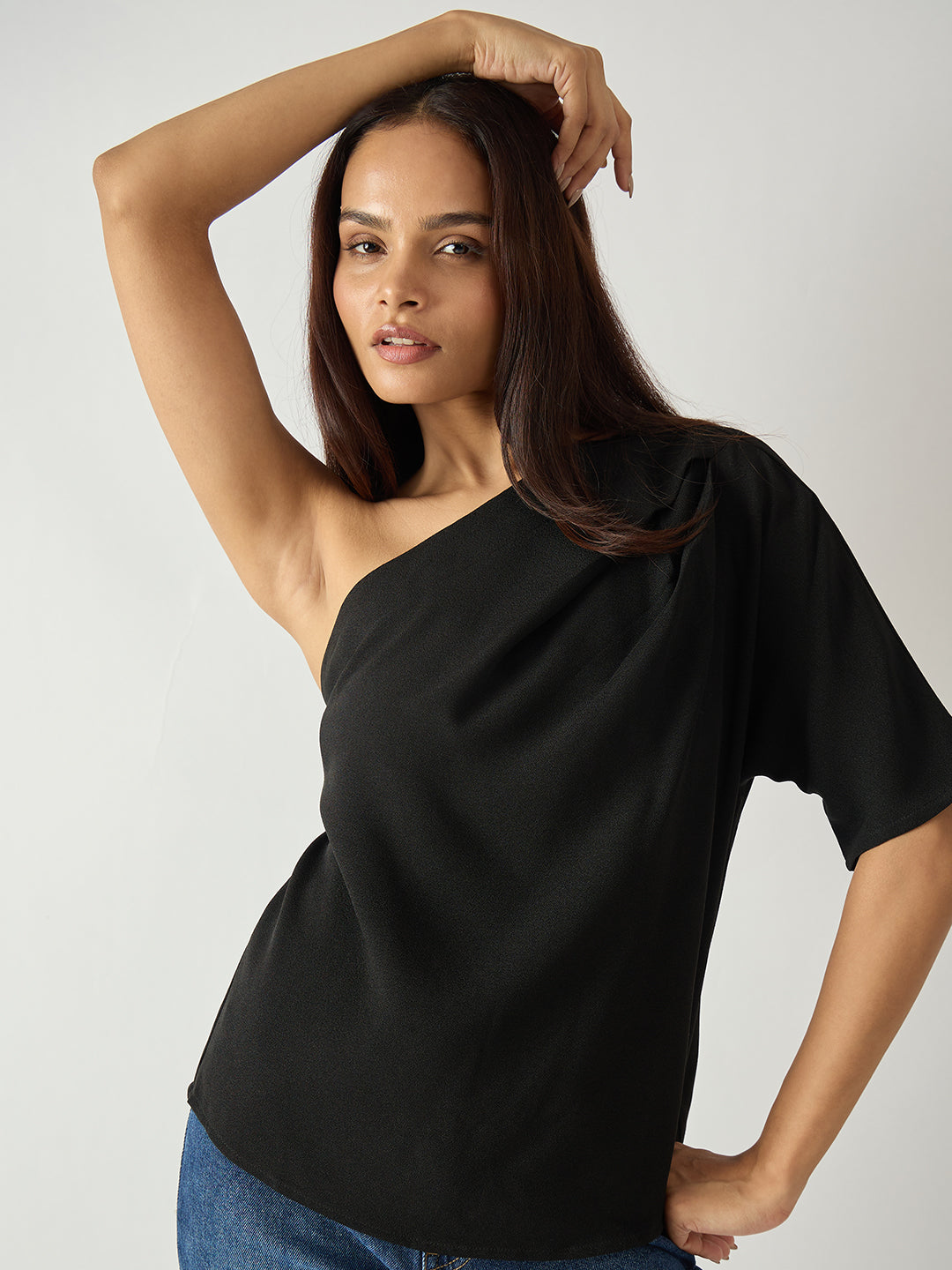 Black Pleated One Shoulder Top