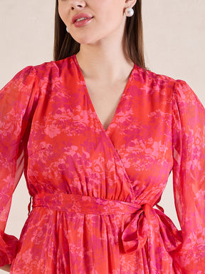 Orange And Pink Floral Printed Wrap Maxi Dress