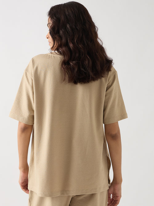 Beige Seersucker Cotton Knit T-Shirt