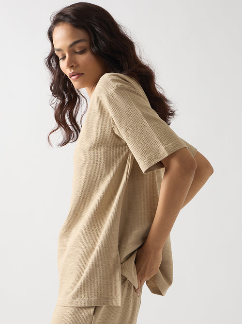 Beige Seersucker Cotton Knit T-Shirt