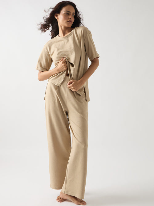 Beige Seersucker Cotton Knit T-Shirt
