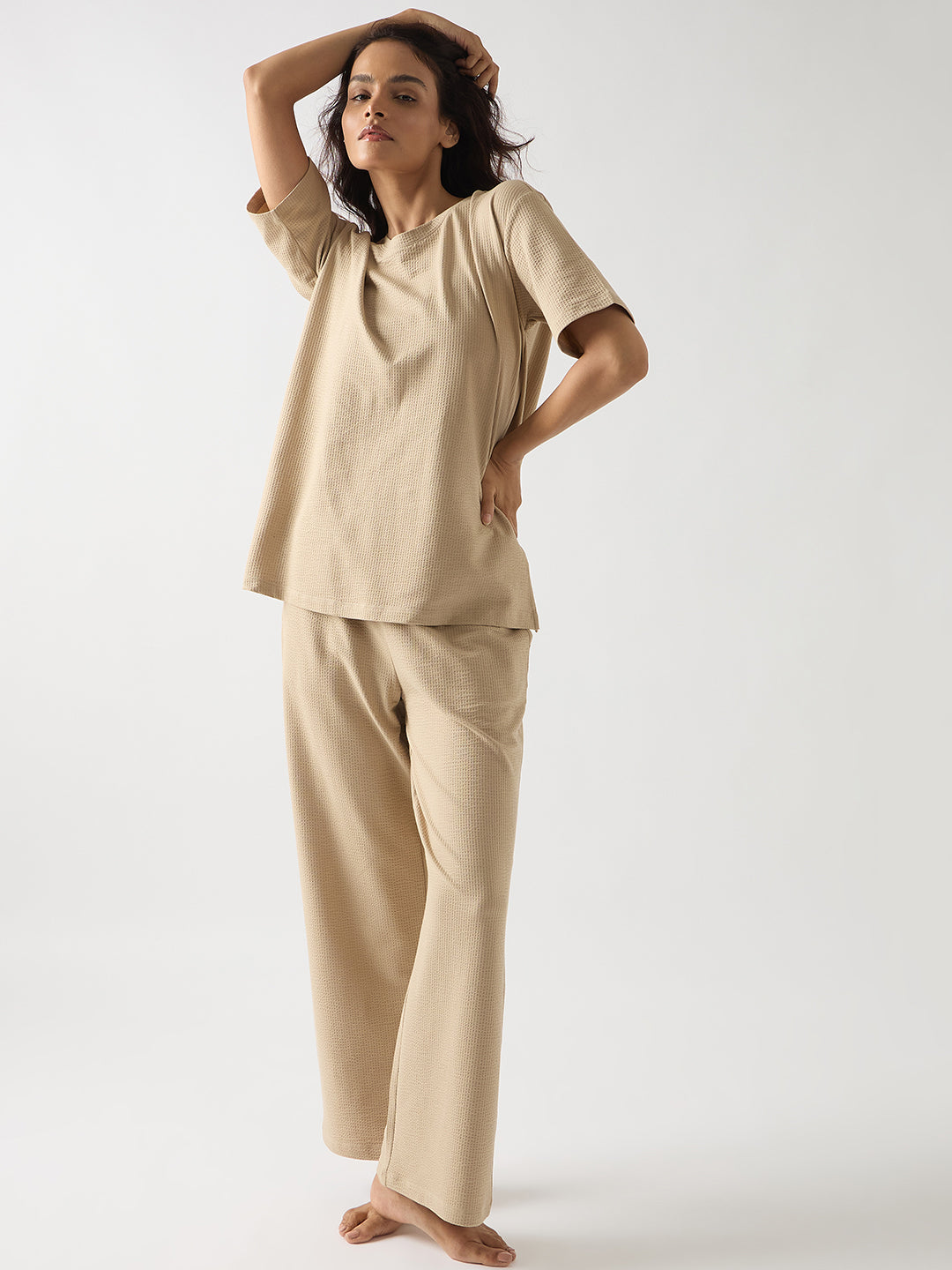 Beige Seersucker Cotton Knit Straight Pants