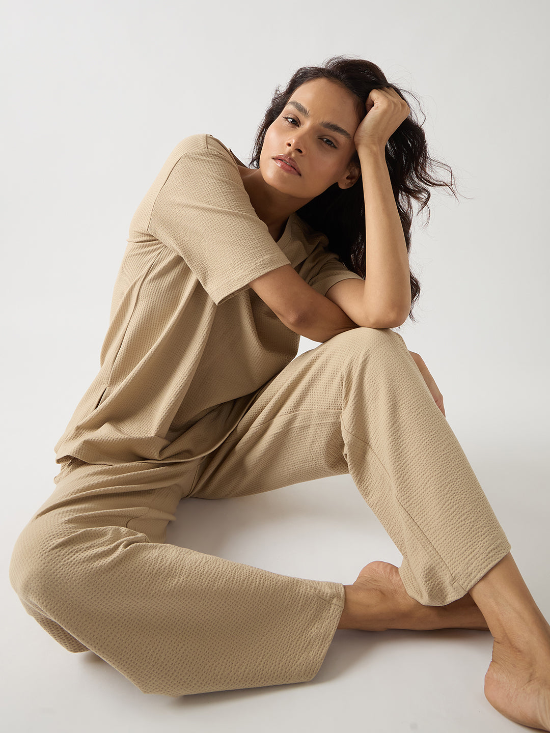 Beige Seersucker Cotton Knit Straight Pants