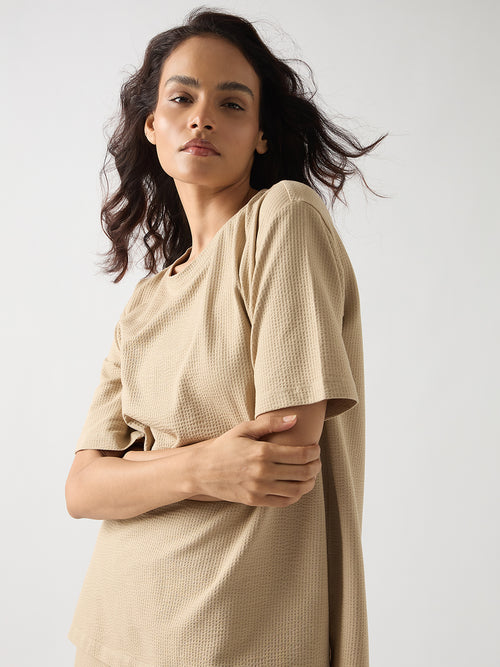 Beige Seersucker Cotton Knit T-Shirt