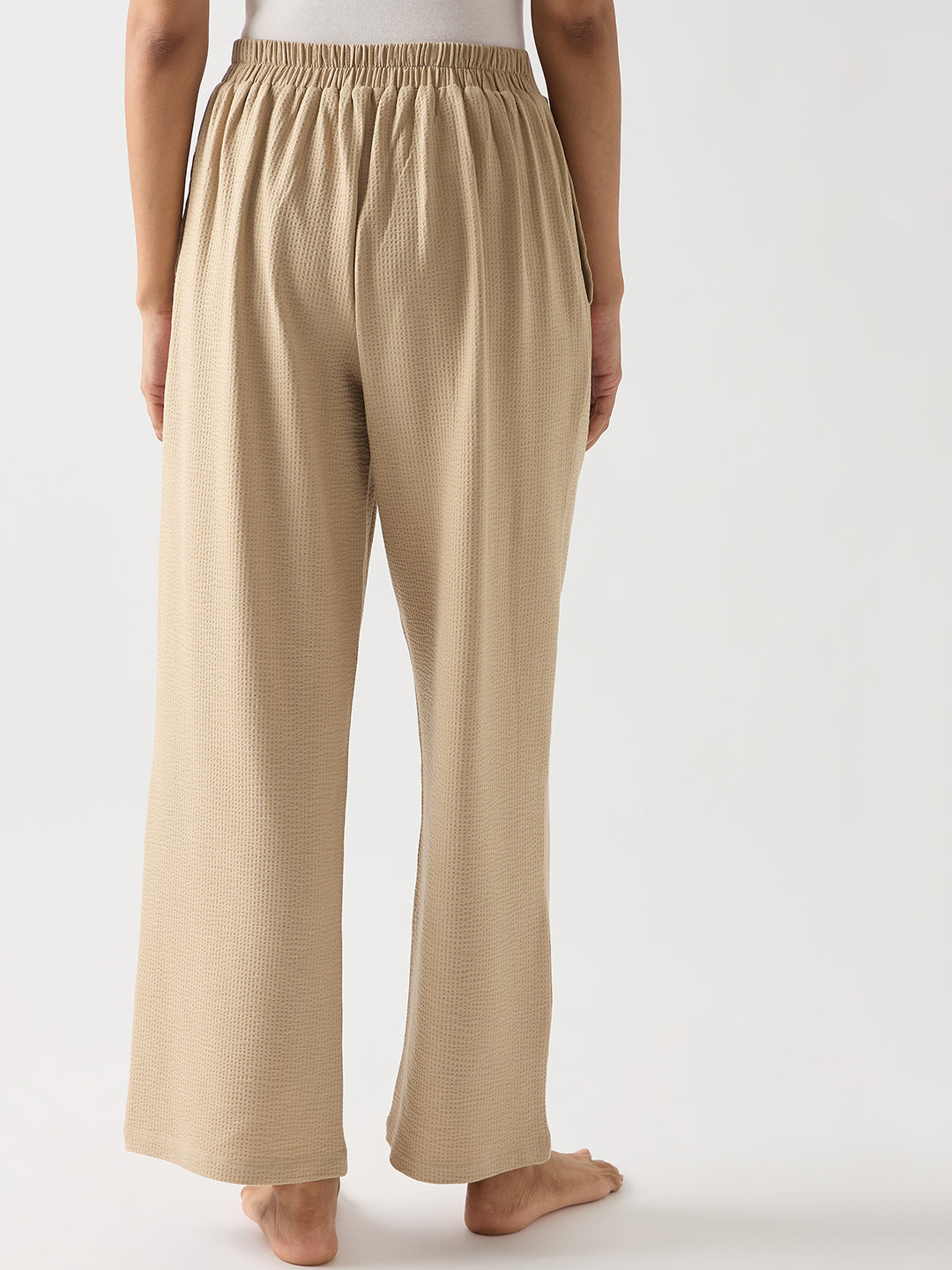 Beige Seersucker Cotton Knit Straight Pants