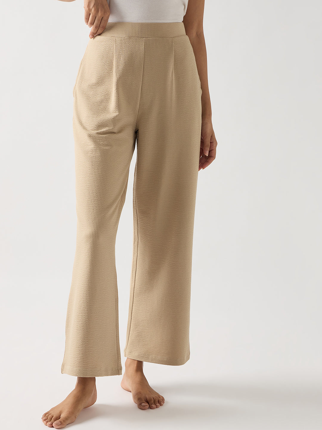 Beige Seersucker Cotton Knit Straight Pants