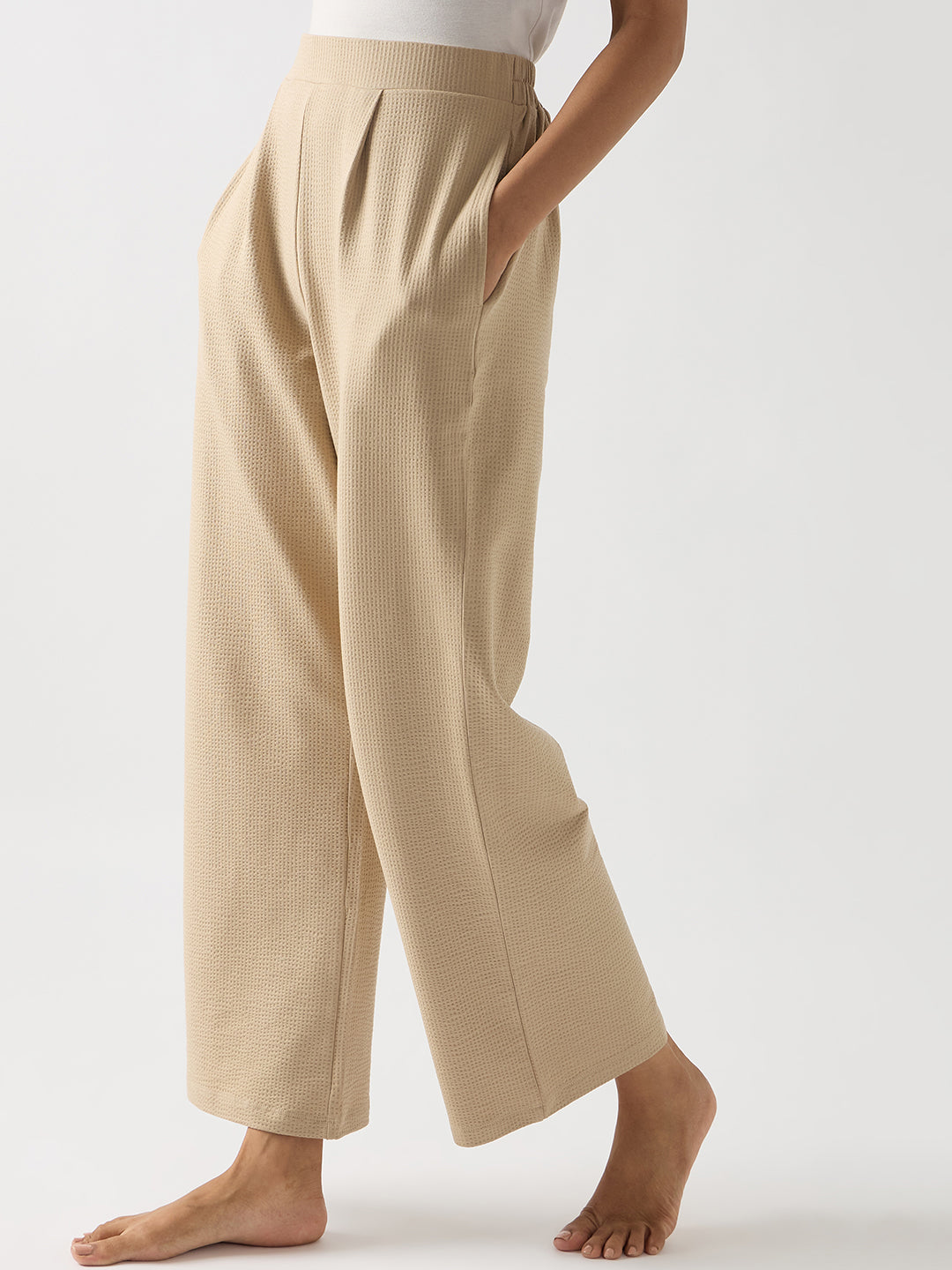 Beige Seersucker Cotton Knit Straight Pants