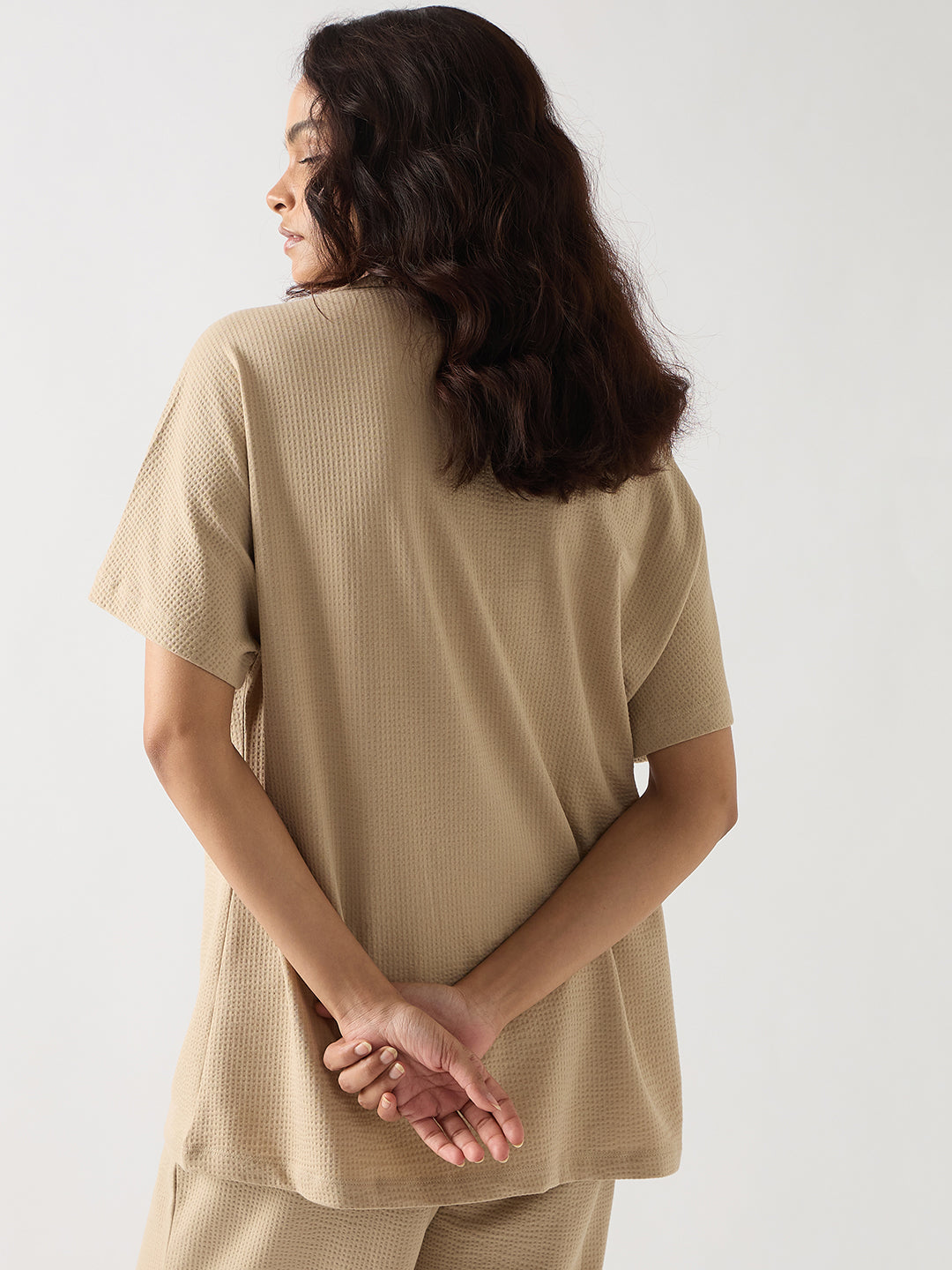 Beige Seersucker Cotton Knit T- Shirt