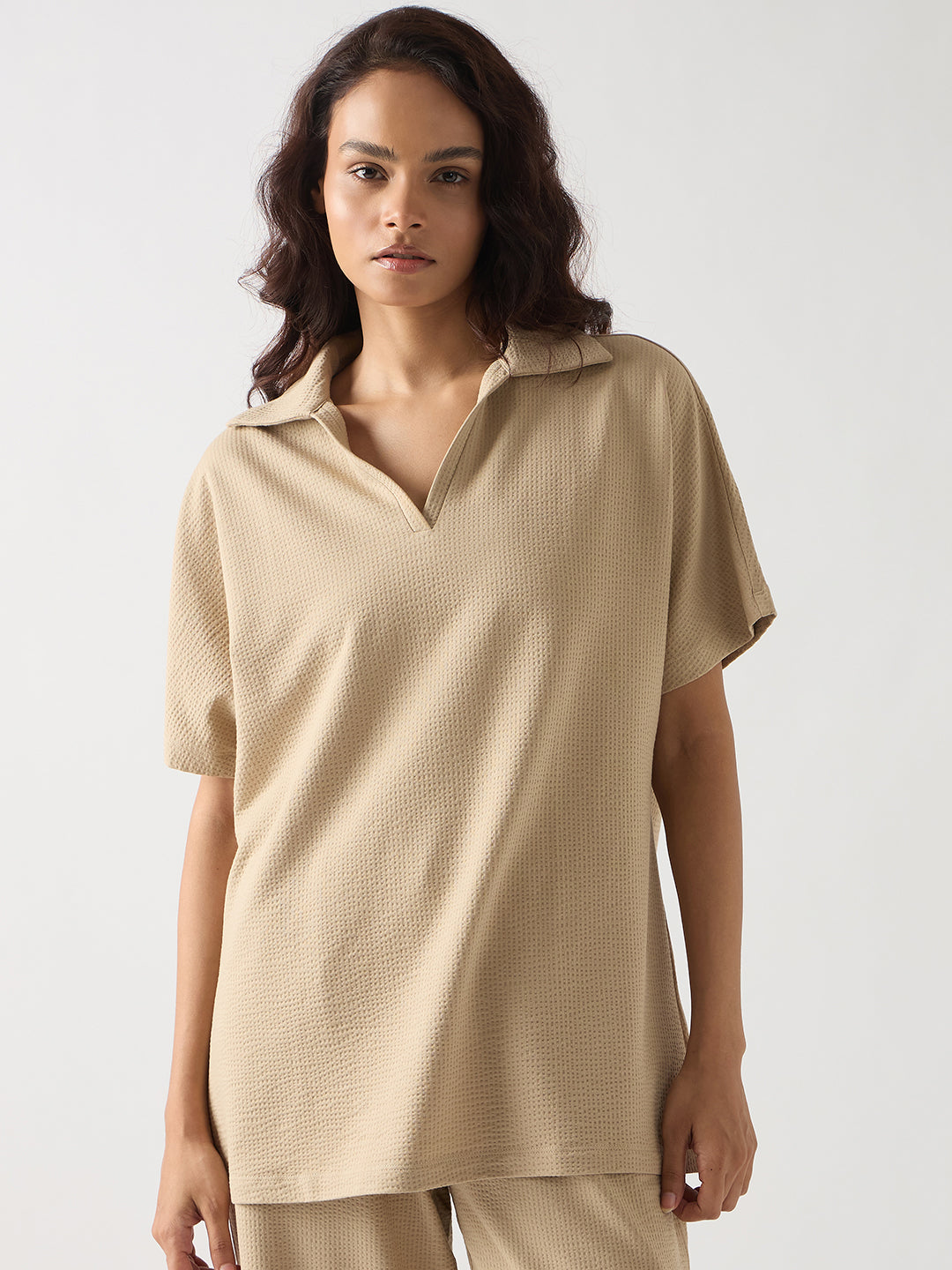 Beige Seersucker Cotton Knit T- Shirt