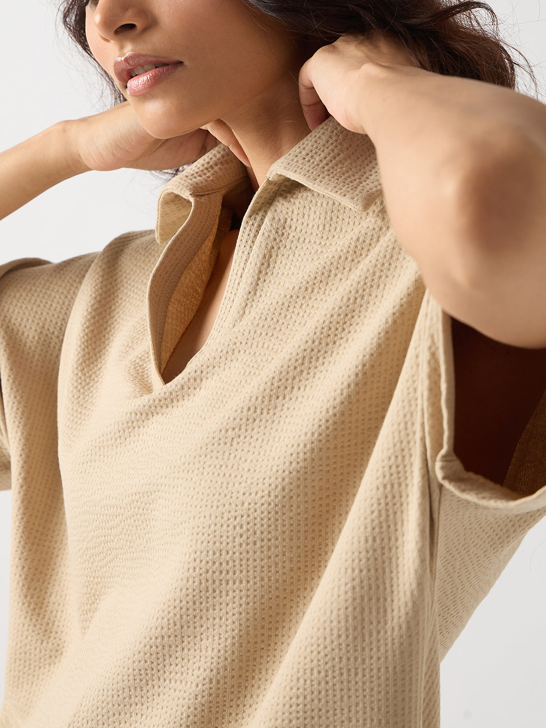 Beige Seersucker Cotton Knit T- Shirt
