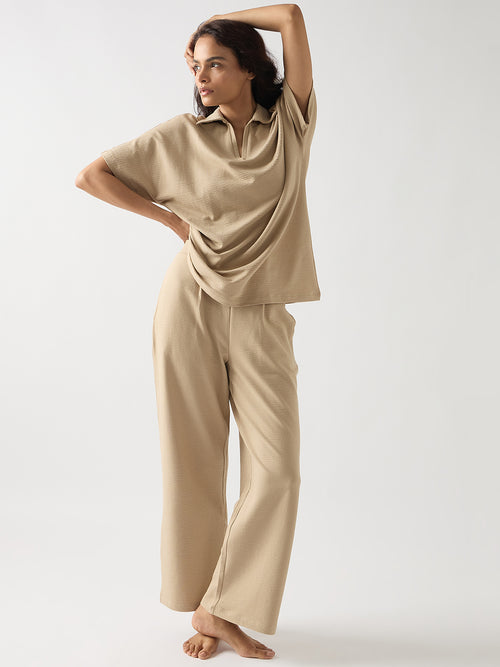 Beige Seersucker Cotton Knit T- Shirt