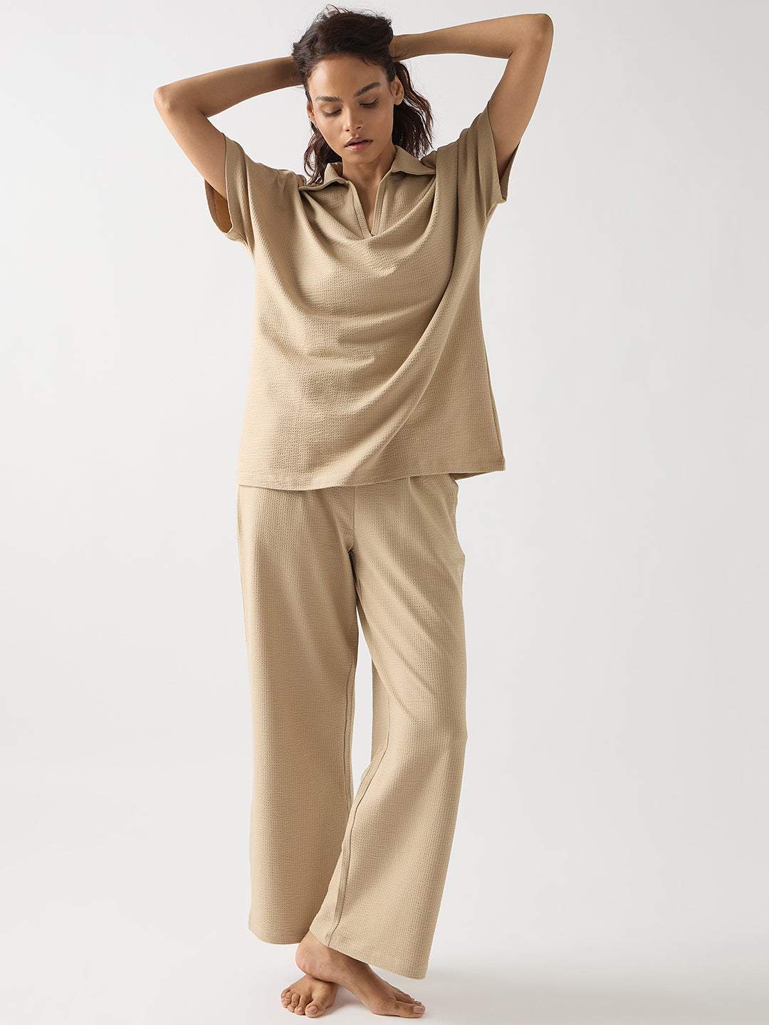 Beige Seersucker Cotton Knit T- Shirt