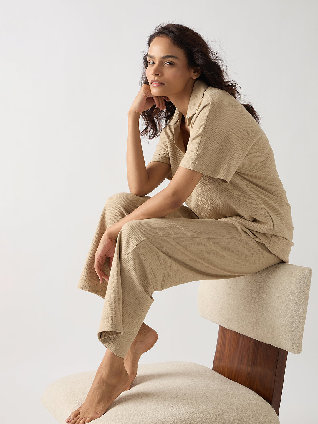 Beige Seersucker Cotton Knit T- Shirt