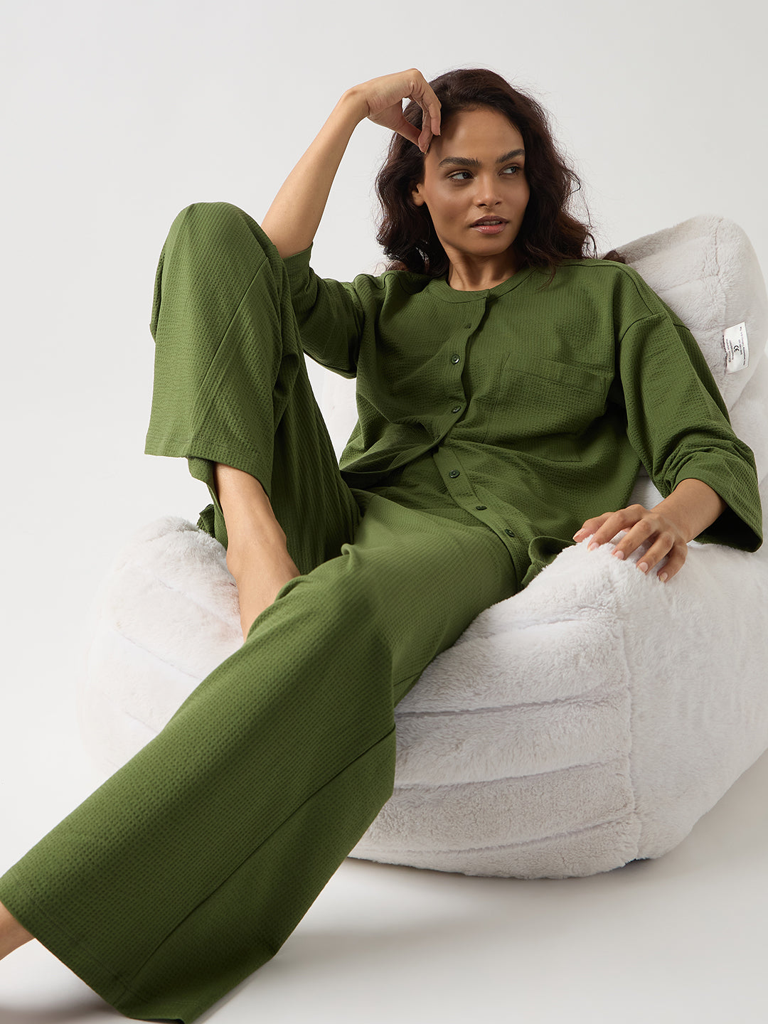 Green Seersucker Cotton Knit Straight Pants