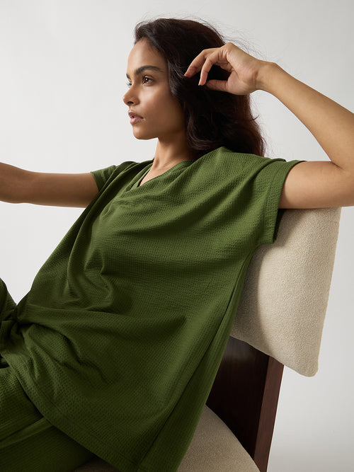 Green Seersucker Cotton Knit T-Shirt