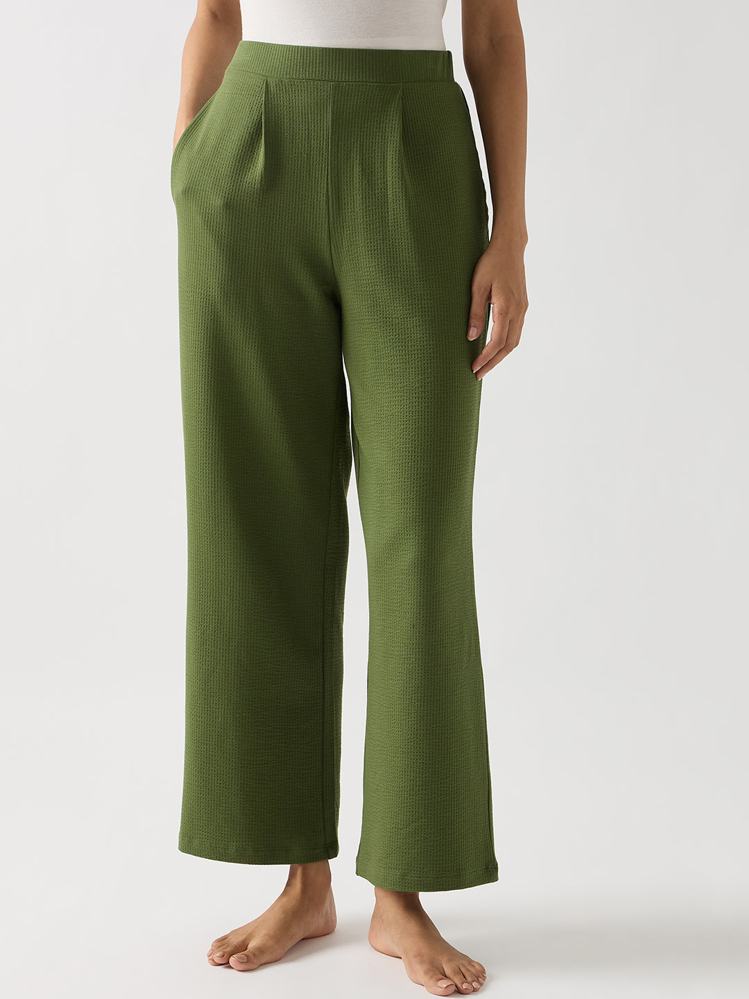 Green Seersucker Cotton Knit Straight Pants