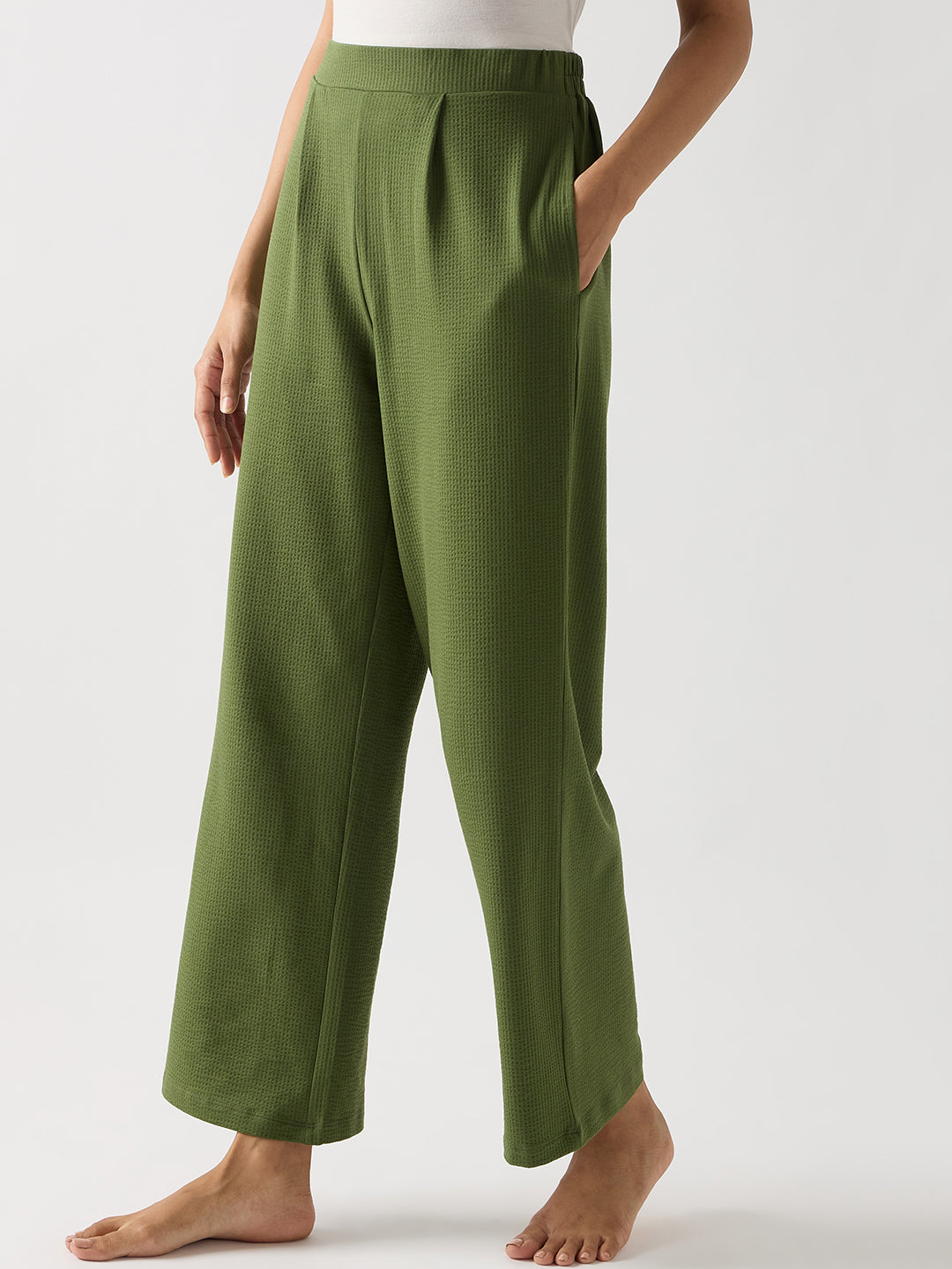 Green Seersucker Cotton Knit Straight Pants